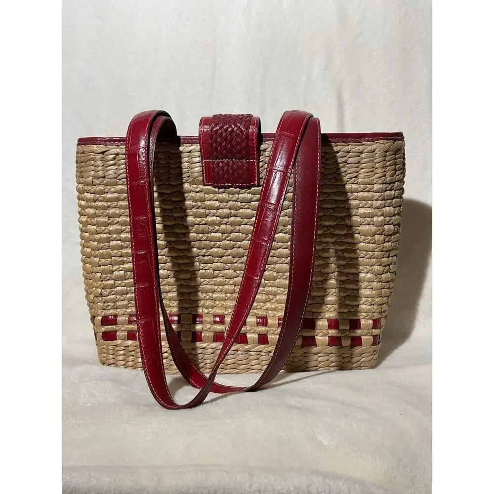 Vintage Brighton Straw Tote Bag Red Leather Straps Raffia Heart Bag Charm